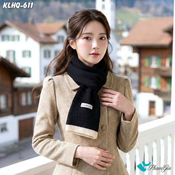 Khăn Choàng Len Giữ Ấm Cao Cấp Màu Đen Phối Viền Trắng (KLHQ611)