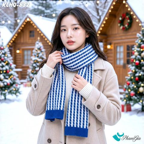 Khăn Len Giữ Ấm Phong Cách Hàn Quốc Phối Sọc Màu Xanh Coban (KLHQ832)