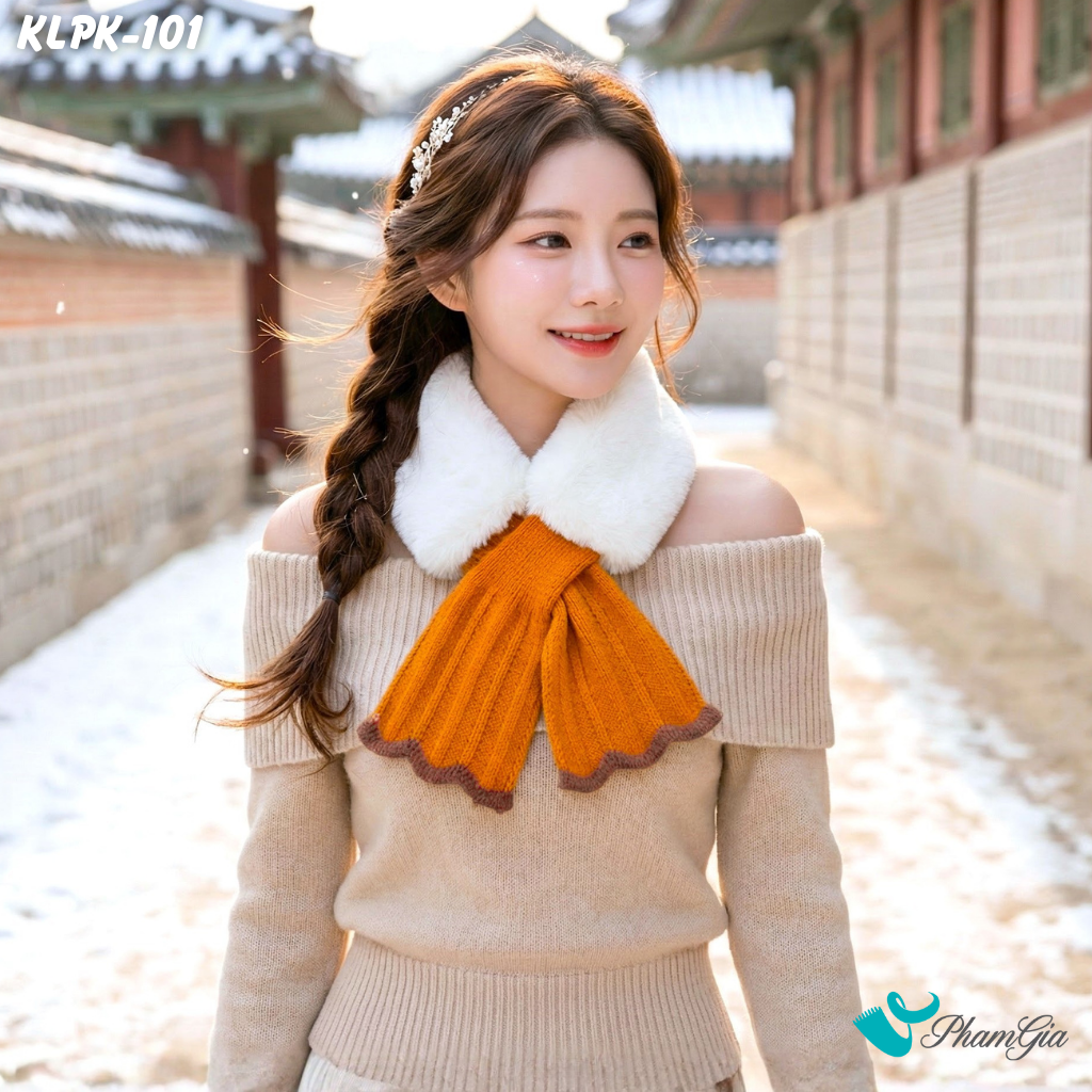 Khăn Len Phụ Kiện Phối Lông Mềm Phong Cách Hàn Quốc Màu Cam (KLPK101)