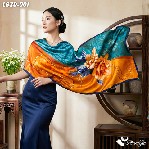 Khăn Choàng Lụa Gấm 3D Cao Cấp Họa Tiết Hoa Mẫu Đơn Quý Phái (LG3D001)
