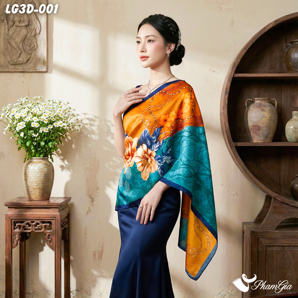 Khăn Choàng Lụa Gấm 3D Cao Cấp Họa Tiết Hoa Mẫu Đơn Quý Phái (LG3D001)