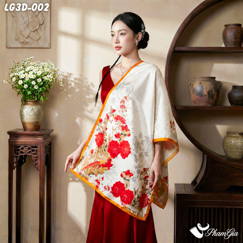 Khăn Choàng Lụa Gấm 3D Cao Cấp Họa Tiết Phượng Hoàng Và Mẫu Đơn Sang Trọng (LG3D002)
