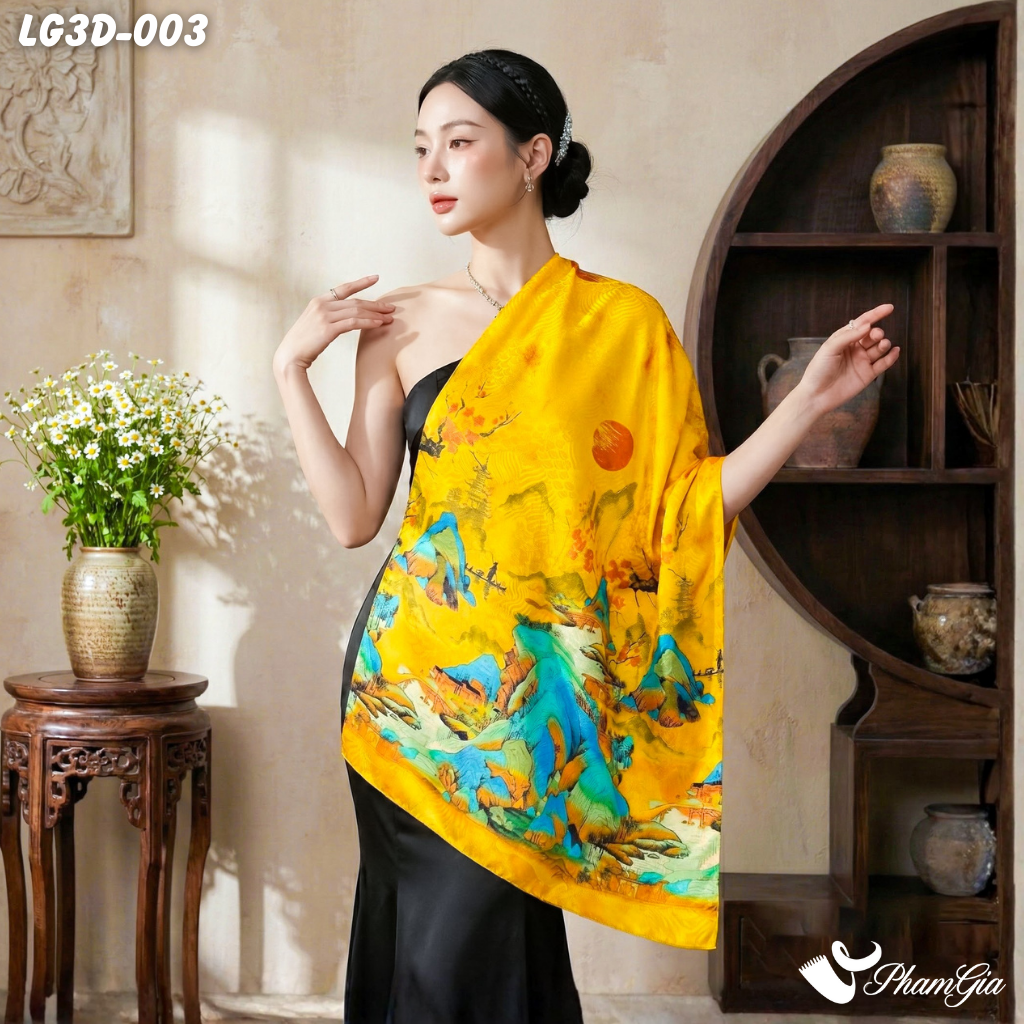 Khăn Choàng Lụa Gấm 3D Cao Cấp Họa Tiết Tranh Sơn Thủy Hoàng Kim Quý Phái (LG3D003)