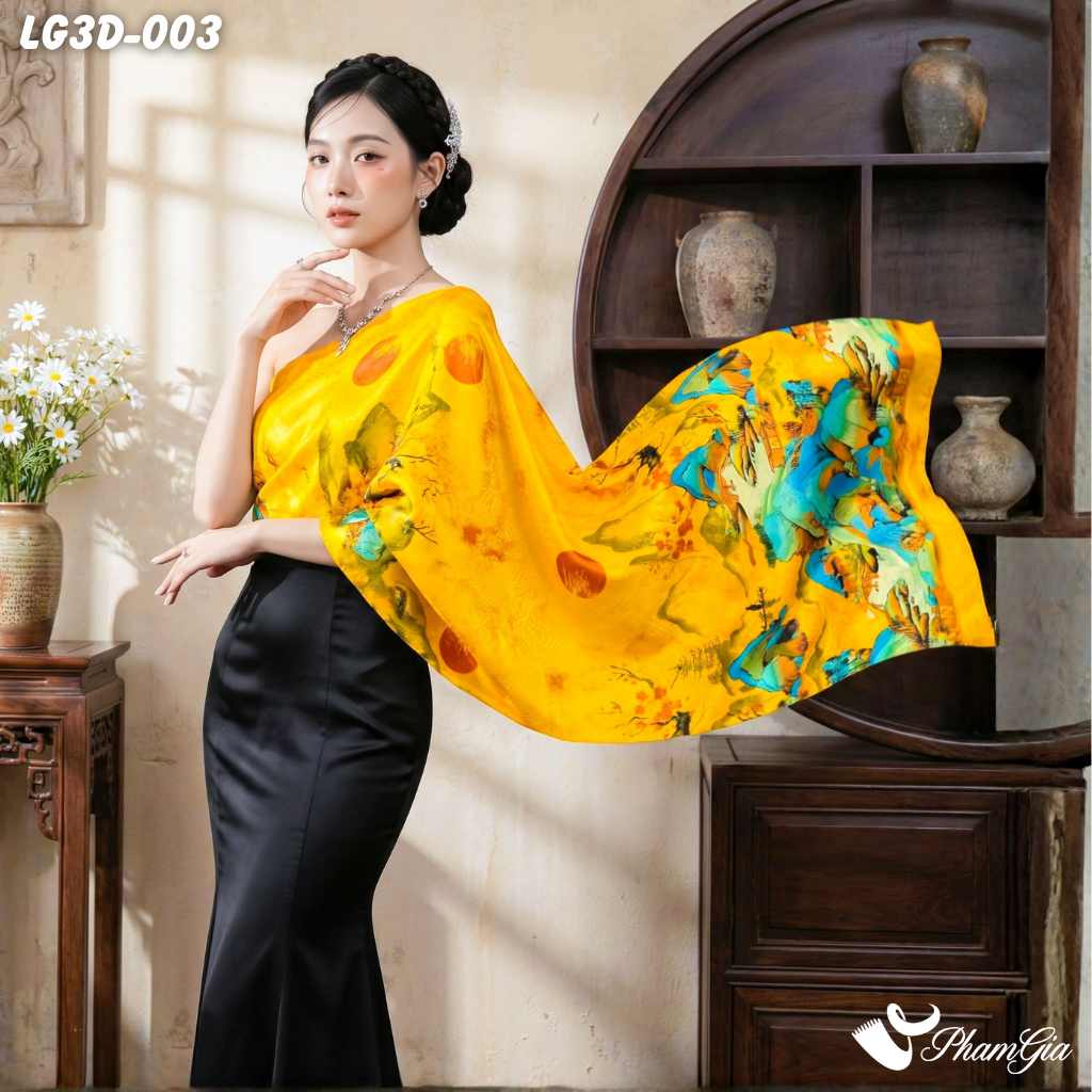 Khăn Choàng Lụa Gấm 3D Cao Cấp Họa Tiết Tranh Sơn Thủy Hoàng Kim Quý Phái (LG3D003)