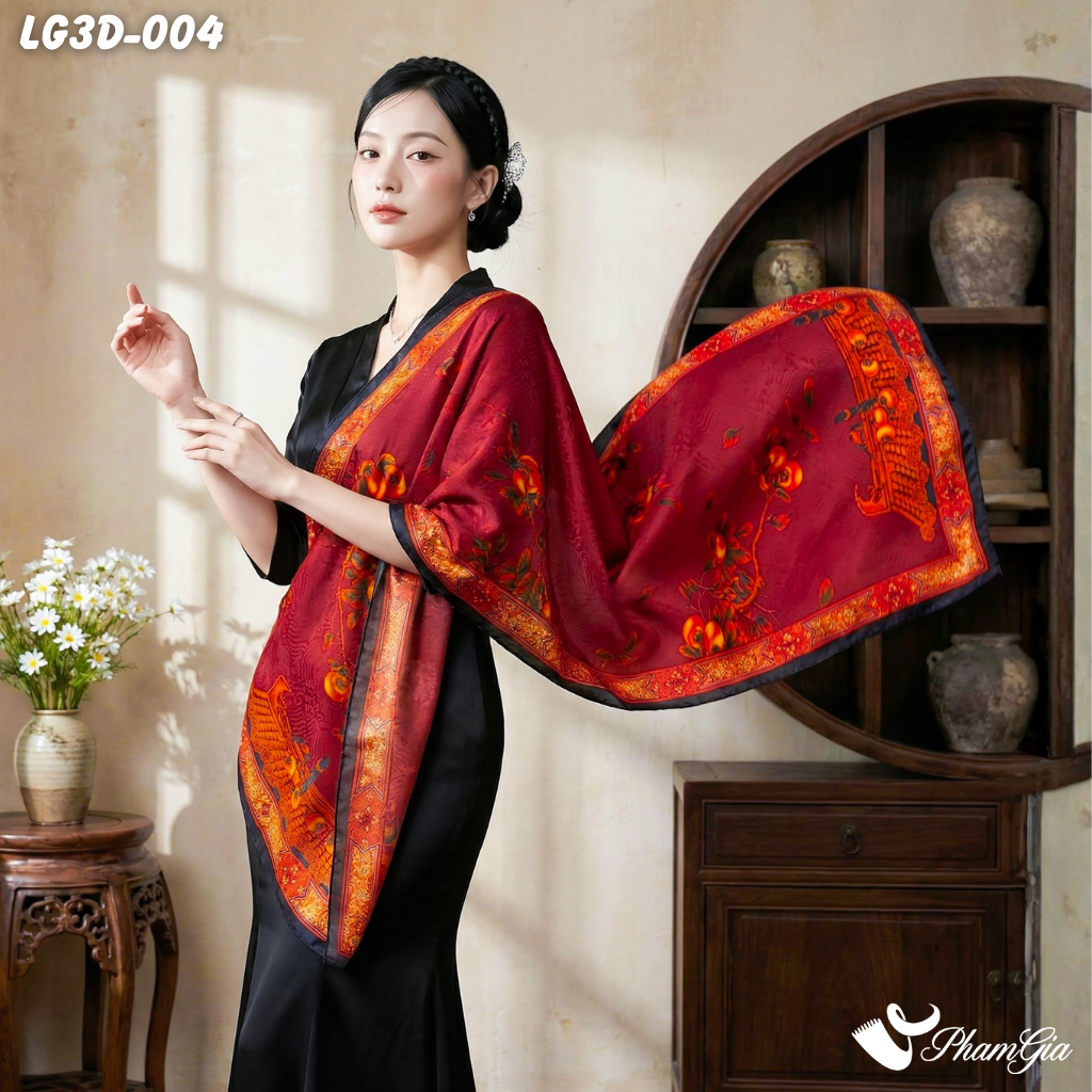 Khăn Choàng Lụa Gấm 3D Cao Cấp Họa Tiết Hồng Thạch Lựu Sang Trọng (LG3D004)
