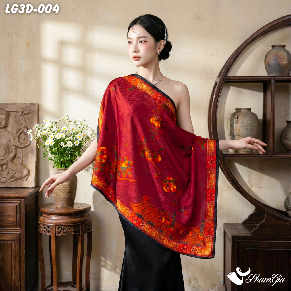 Khăn Choàng Lụa Gấm 3D Cao Cấp Họa Tiết Hồng Thạch Lựu Sang Trọng (LG3D004)