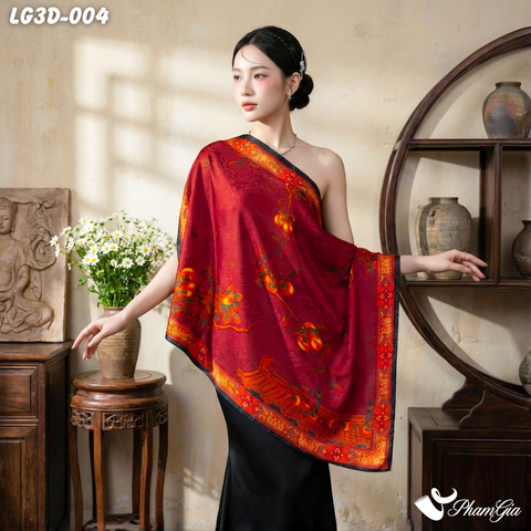 Khăn Choàng Lụa Gấm 3D Cao Cấp Họa Tiết Hồng Thạch Lựu Sang Trọng (LG3D004)