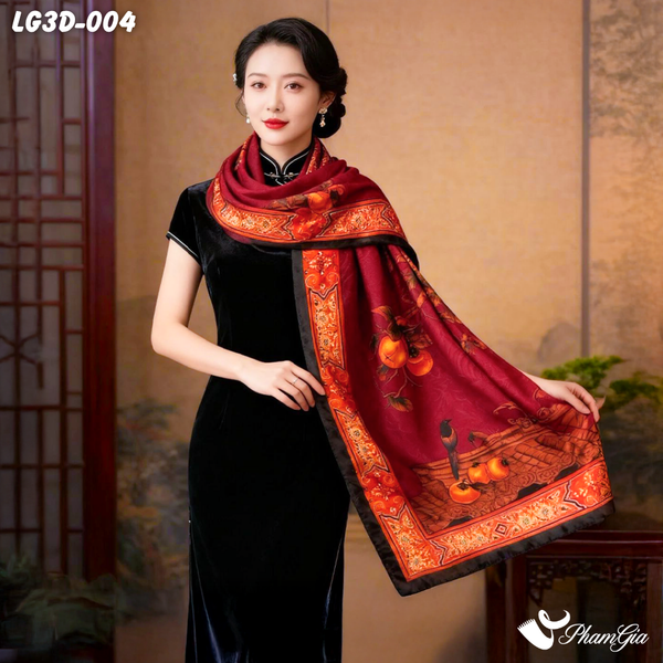 Khăn Choàng Lụa Gấm 3D Cao Cấp Họa Tiết Hồng Thạch Lựu Sang Trọng (LG3D004)