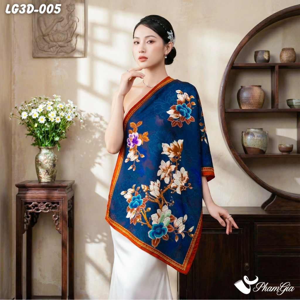 Khăn Choàng Lụa Gấm 3D Cao Cấp Họa Tiết Hoa Mộc Lan Quý Phái (LG3D005)