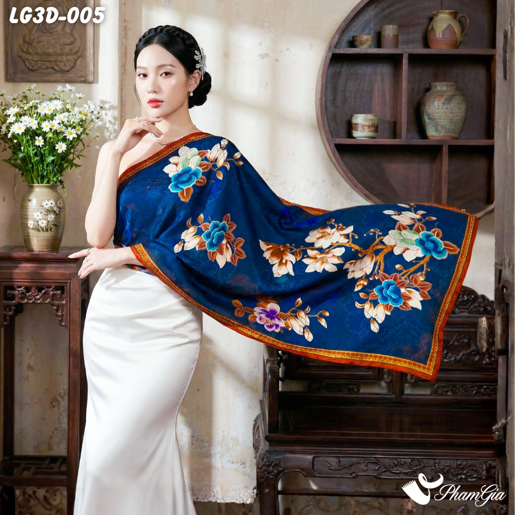 Khăn Choàng Lụa Gấm 3D Cao Cấp Họa Tiết Hoa Mộc Lan Quý Phái (LG3D005)
