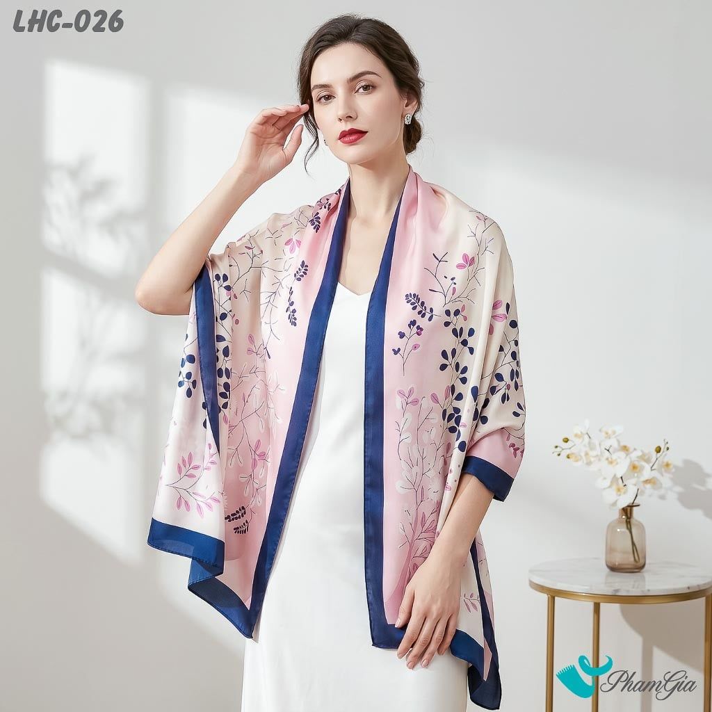 Khăn Choàng Lụa Hàng Châu Màu Hồng Baby Họa Tiết Hoa Lá Thanh Lịch (LHC026)
