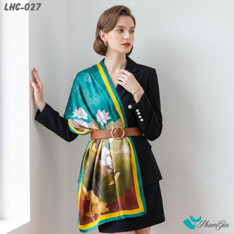 Khăn Choàng Lụa Hương Châu Màu Xanh Ngọc Bích Họa Tiết Hoa Sen Trang Nhã (LHC027)