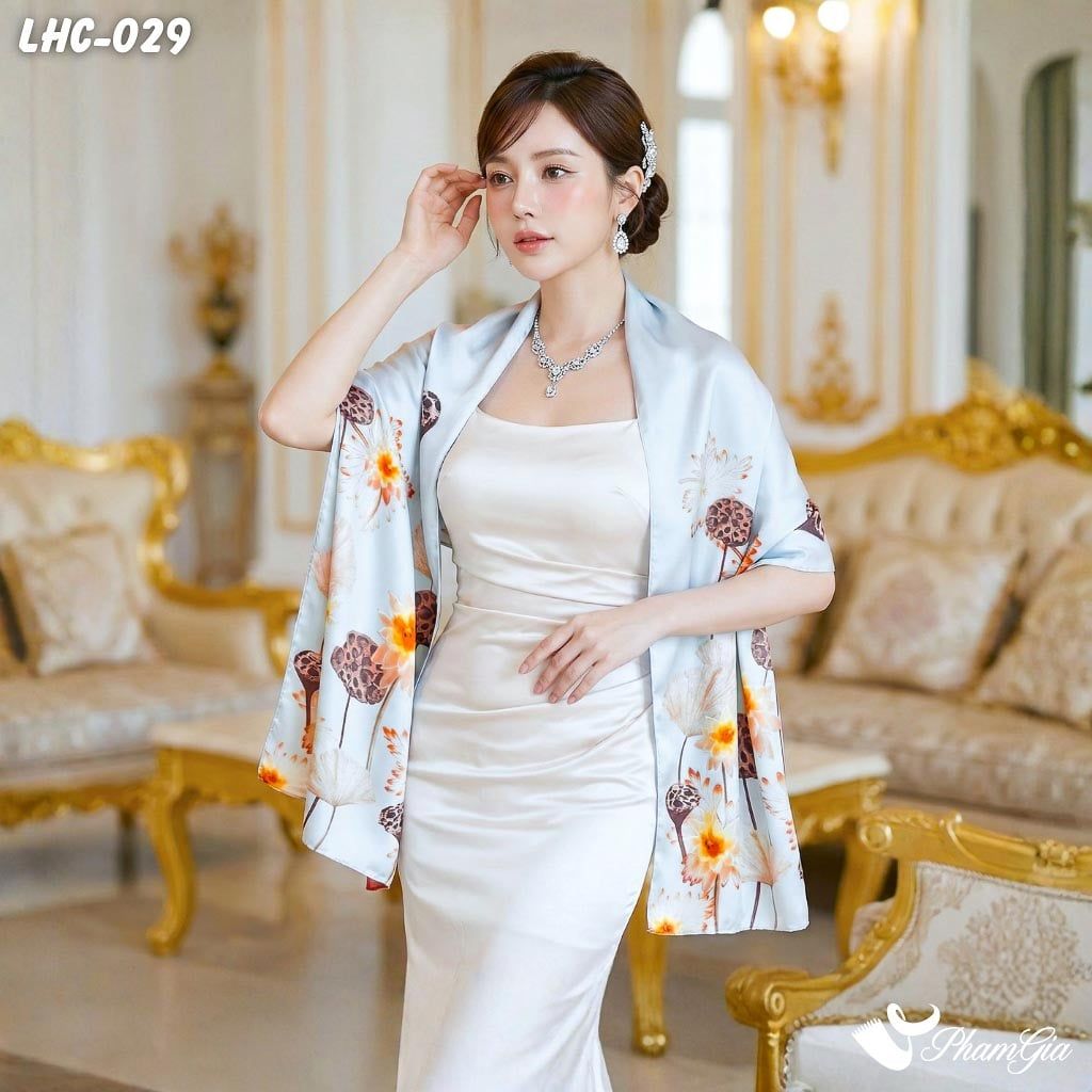 Khăn Choàng Lụa Hàng Châu Màu Xanh Baby Ngọc Họa Tiết Đài Sen Tinh Tế (LHC029)