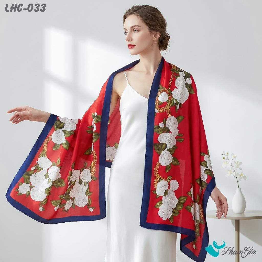 Khăn Choàng Lụa Hàng Châu Màu Đỏ Họa Tiết Hoa Trà Sang Trọng (LHC033)