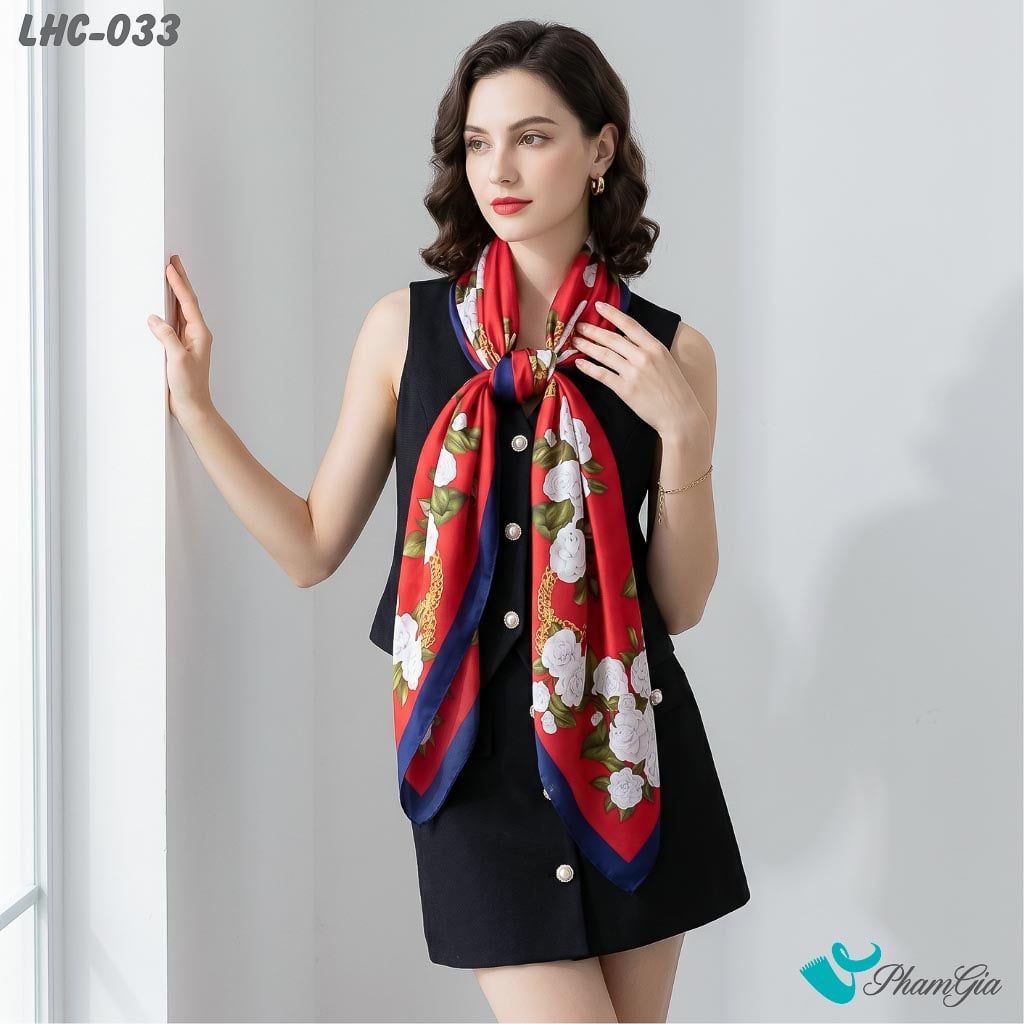 Khăn Choàng Lụa Hàng Châu Màu Đỏ Họa Tiết Hoa Trà Sang Trọng (LHC033)