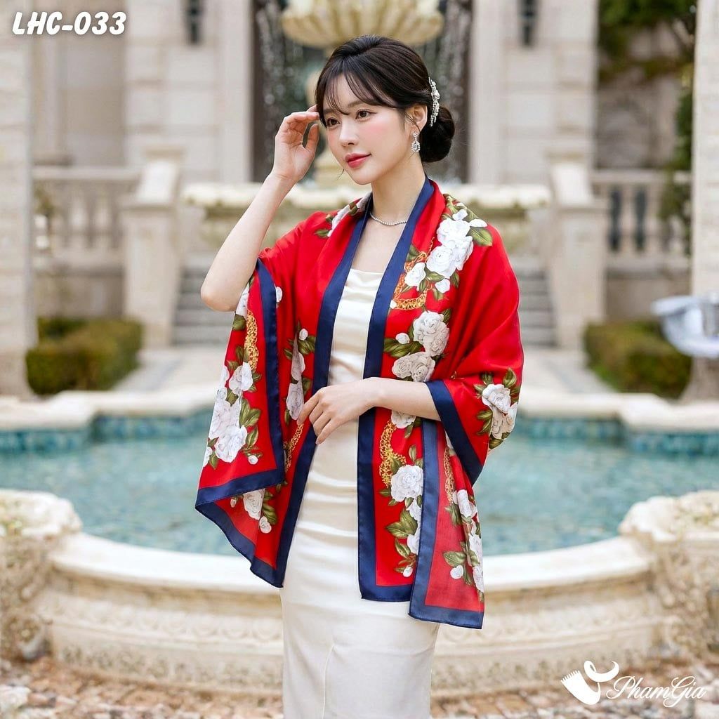 Khăn Choàng Lụa Hàng Châu Màu Đỏ Họa Tiết Hoa Trà Sang Trọng (LHC033)