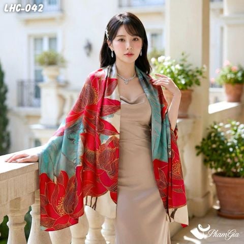 Khăn Choàng Lụa Hàng Châu Họa Tiết Hoa Sen Đỏ Sang Trọng (LHC042)