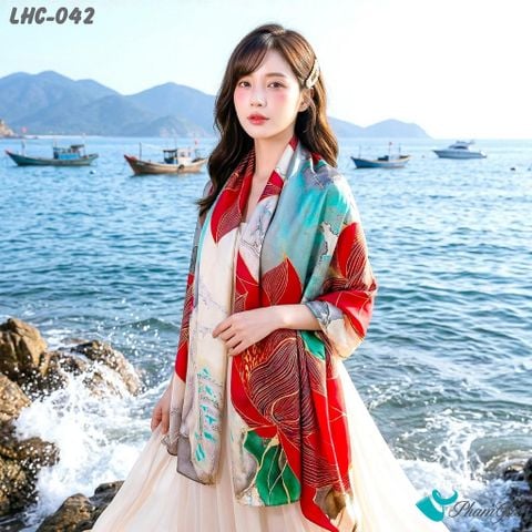 Khăn Choàng Lụa Hàng Châu Họa Tiết Hoa Sen Đỏ Sang Trọng (LHC042)
