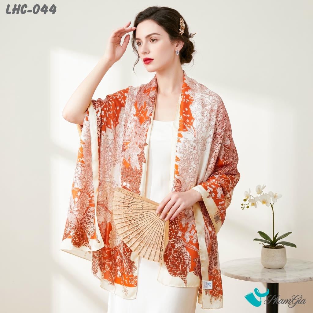 Khăn Choàng Lụa Hàng Châu Họa Tiết Hoa Dây Leo Nền Cam Nổi Bật (LHC044)