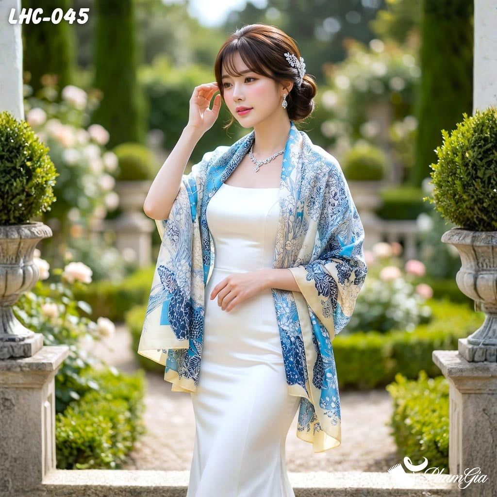 Khăn Choàng Lụa Hàng Châu Họa Tiết Hoa Dây Leo Nền Xanh Blue Tinh Tế (LHC045)