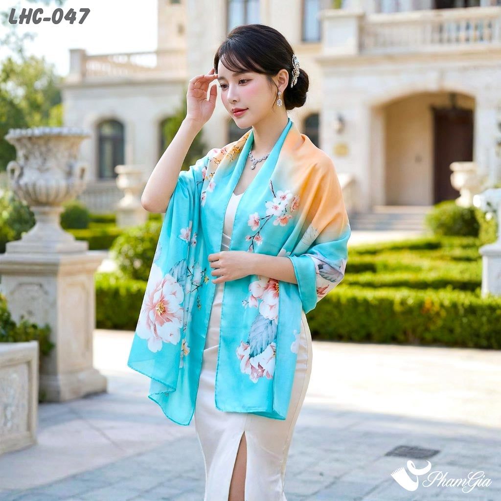 Khăn Choàng Lụa Hàng Châu Họa Tiết Hoa Mẫu Đơn Nền Xanh Ngọc Trang Nhã (LHC047)