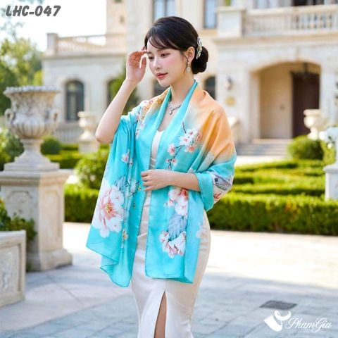 Khăn Choàng Lụa Hàng Châu Họa Tiết Hoa Mẫu Đơn Nền Xanh Ngọc Trang Nhã (LHC047)