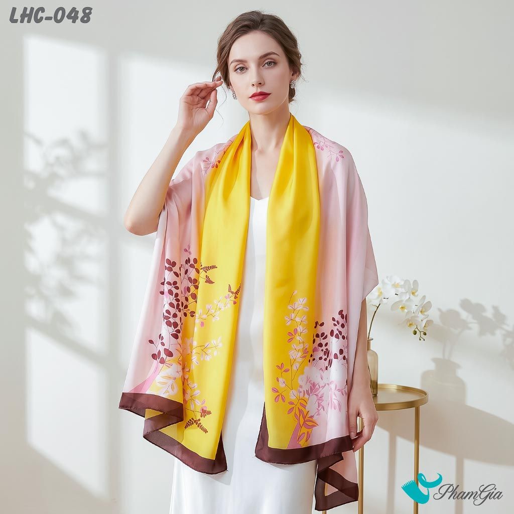 Khăn Choàng Lụa Hàng Châu Họa Tiết Lá Nguyệt Quế Phối Màu Trang Nhã (LHC048)