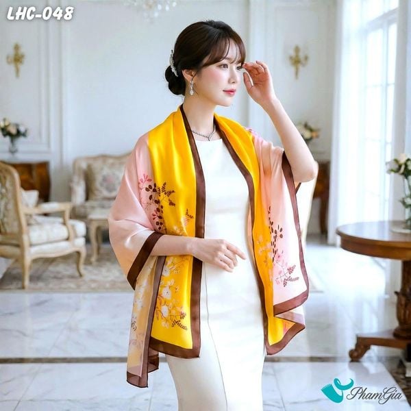 Khăn Choàng Lụa Hàng Châu Họa Tiết Lá Nguyệt Quế Phối Màu Trang Nhã (LHC048)