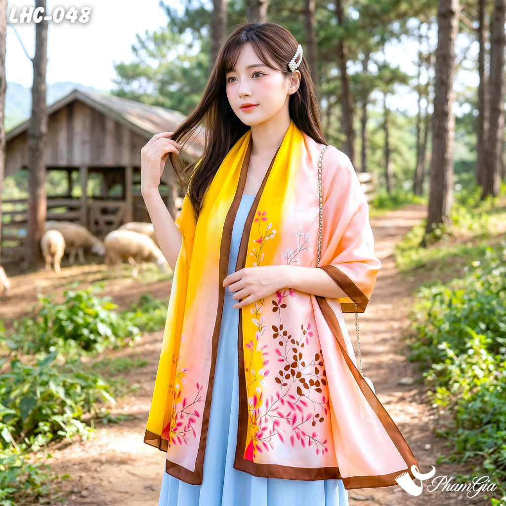 Khăn Choàng Lụa Hàng Châu Họa Tiết Lá Nguyệt Quế Phối Màu Trang Nhã (LHC048)