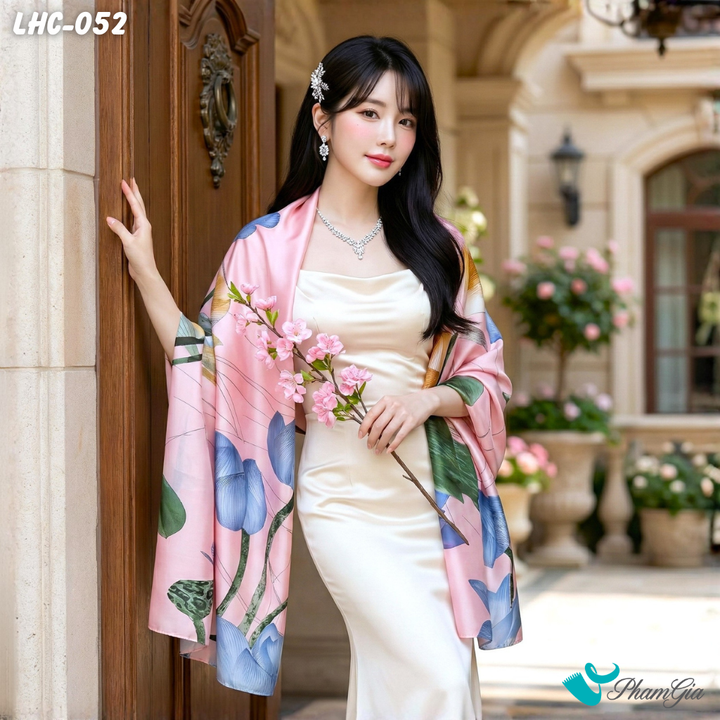 Khăn Choàng Lụa Hàng Châu Màu Hồng Baby Họa Tiết Hoa Sen Thanh Lịch (LHC052)