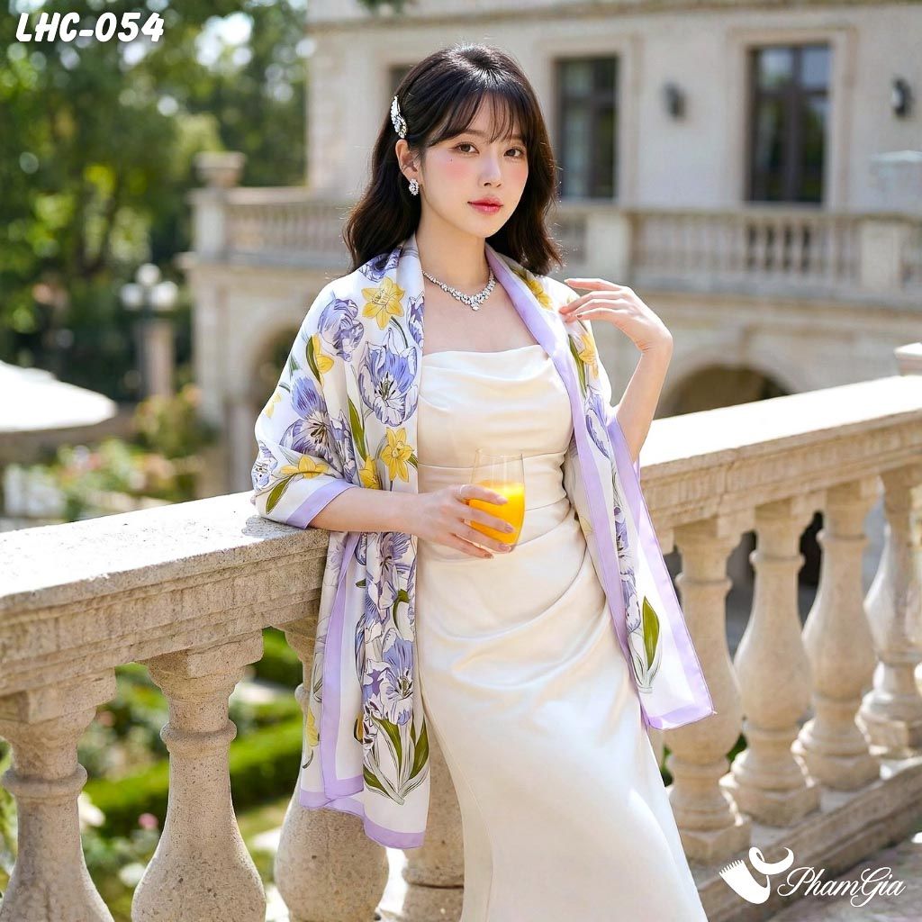 Khăn Choàng Lụa Hàng Châu Màu Tím Lilac Họa Tiết Hoa Thủy Tiên Lily Thanh Lịch (LHC054)