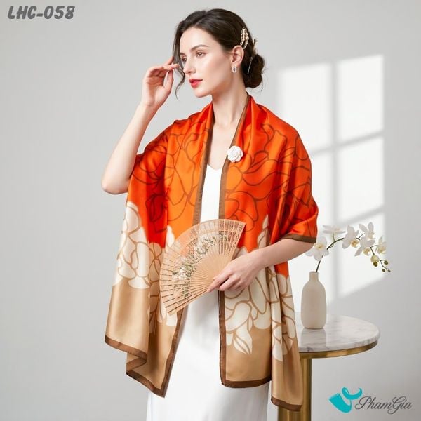 Khăn Choàng Lụa Hương Châu Họa Tiết Hoa Mộc Lan Màu Cam Nổi Bật (LHC058)