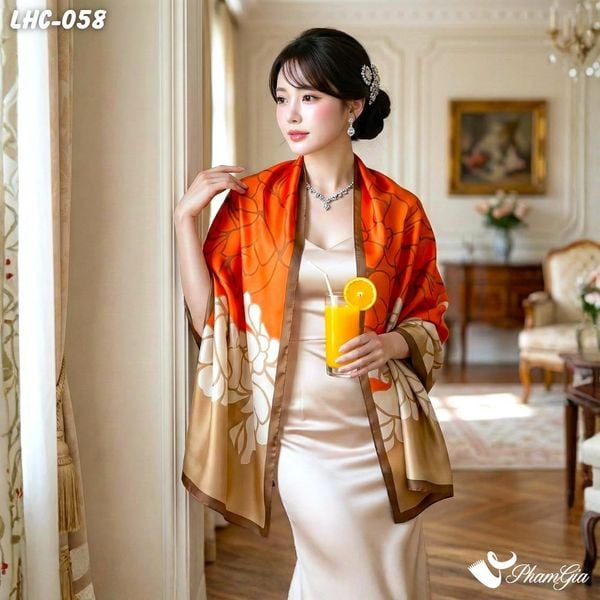 Khăn Choàng Lụa Hàng Châu Họa Tiết Hoa Mộc Lan Màu Cam Nổi Bật (LHC058)