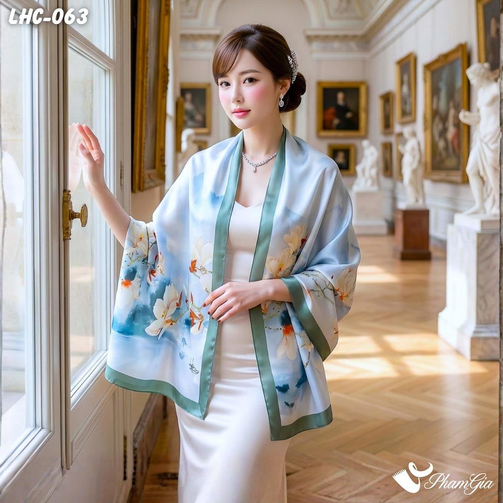 Khăn Choàng Lụa Hàng Châu Viền Xanh Rêu Họa Tiết Hoa Mộc Lan Vàng Quý Phái (LHC063)