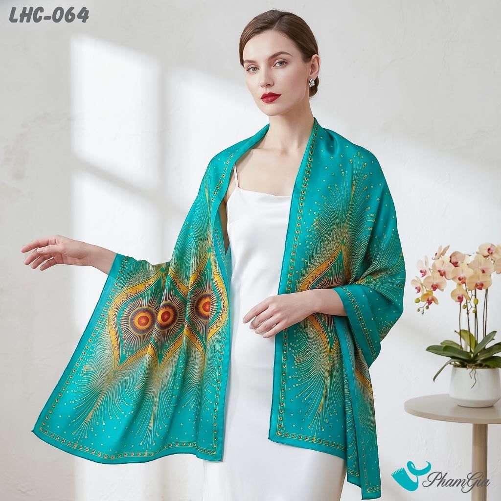 Khăn Choàng Lụa Hàng Châu Họa Tiết Đương Đại Màu Xanh Ngọc Sang Trọng (LHC064)