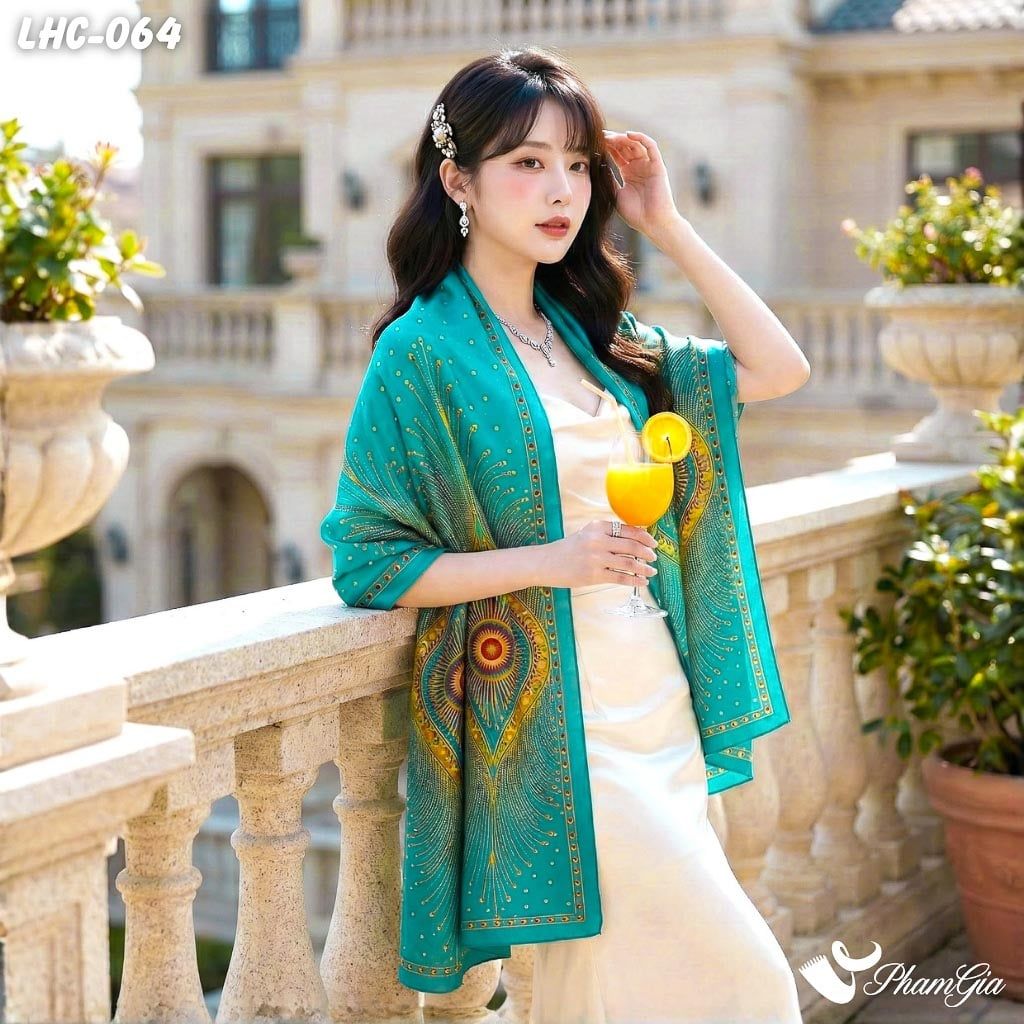 Khăn Choàng Lụa Hàng Châu Họa Tiết Đương Đại Màu Xanh Ngọc Sang Trọng (LHC064)