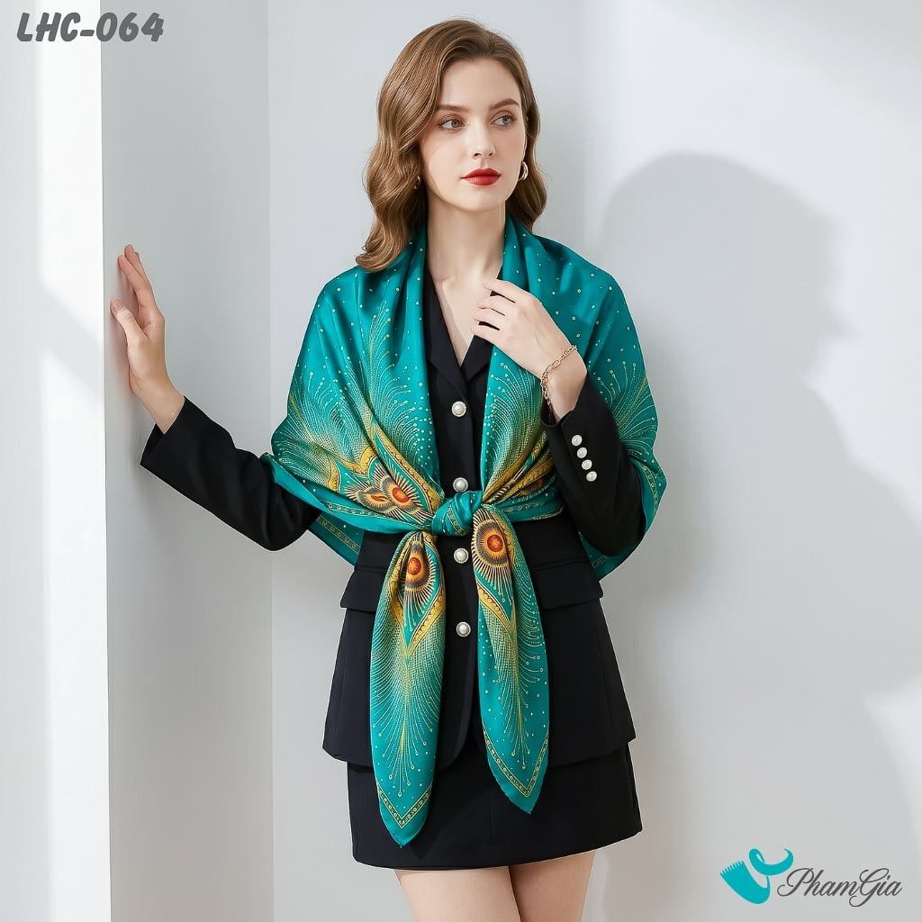 Khăn Choàng Lụa Hàng Châu Họa Tiết Đương Đại Màu Xanh Ngọc Sang Trọng (LHC064)