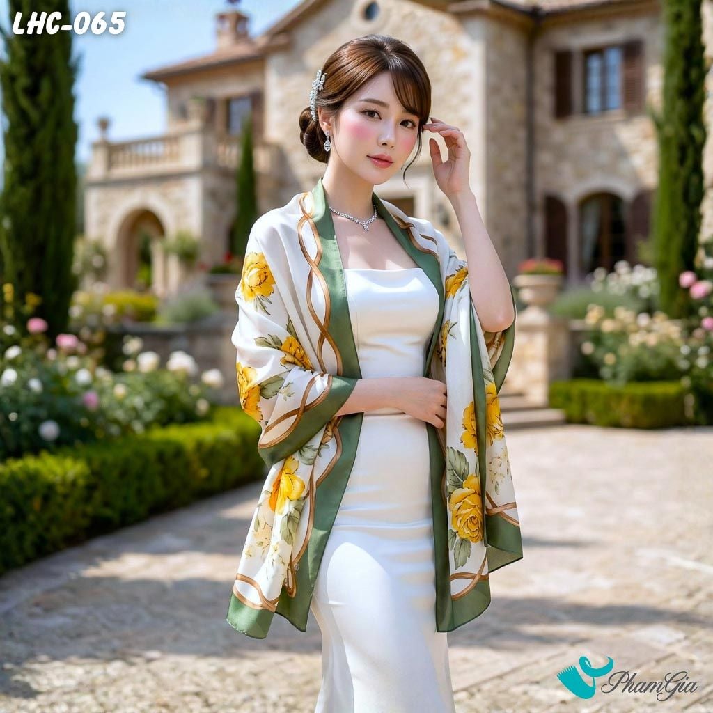 Khăn Choàng Lụa Hàng Châu Viền Xanh Họa Tiết Hoa Hồng Nữ Tính (LHC065)