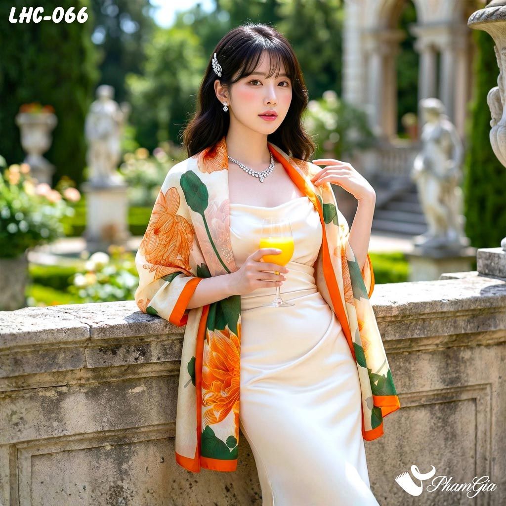 Khăn Choàng Lụa Hàng Châu Màu Cam Họa Tiết Hoa Súng Thanh Lịch (LHC066)