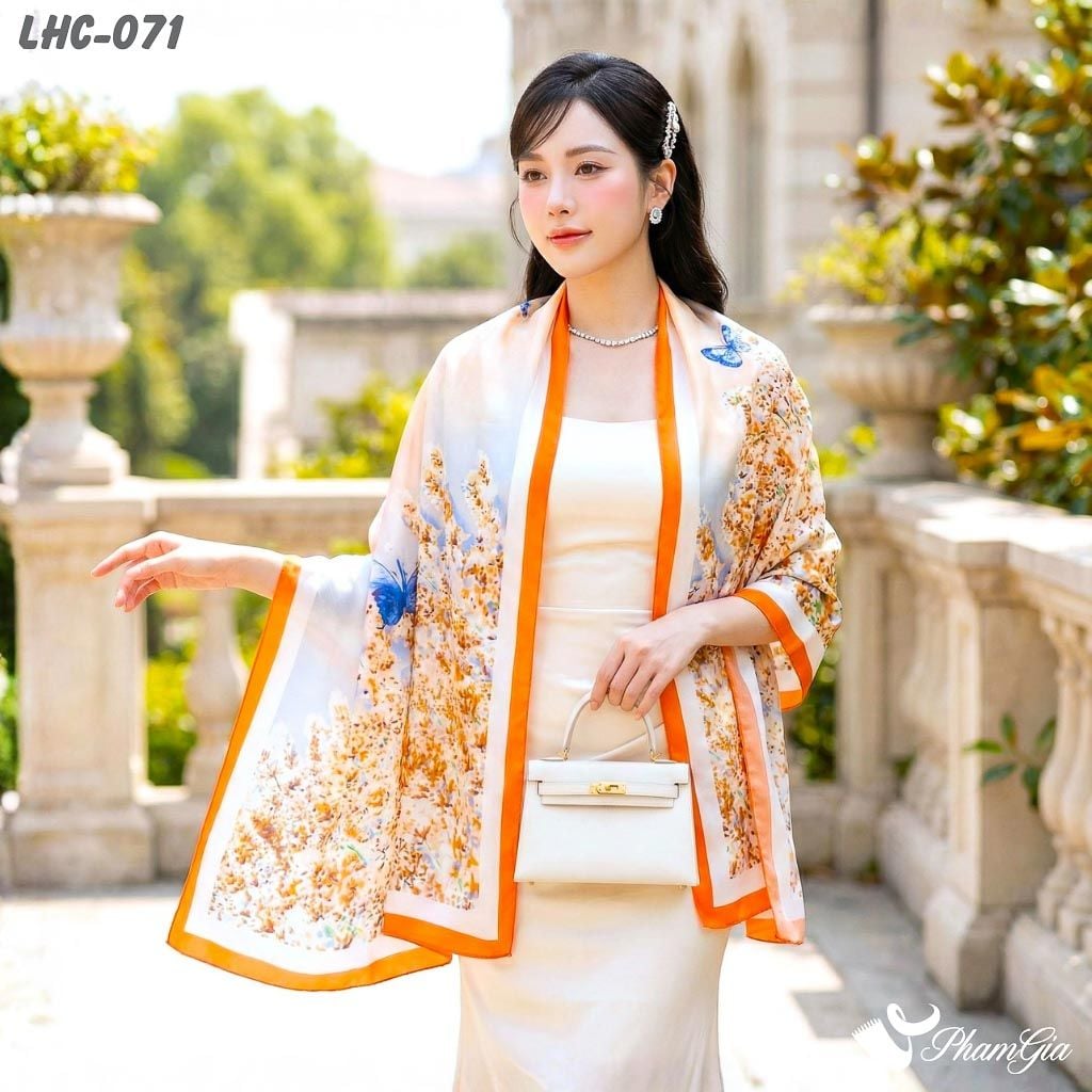 Khăn Choàng Lụa Hàng Châu Họa Tiết Hoa Diên Vĩ Trang Nhã (LHC071)