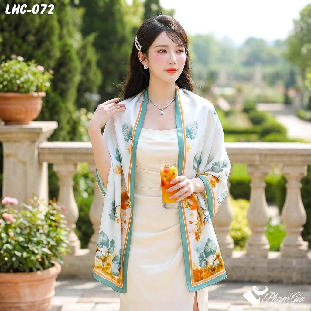 Khăn Choàng Lụa Hàng Châu Họa Tiết Lá Bồ Đề Màu Xanh Ngọc Trang Nhã (LHC072)