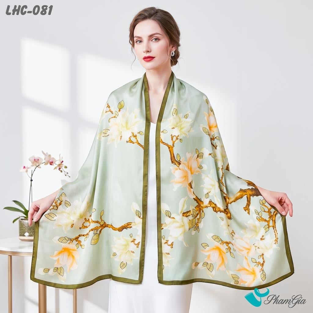 Khăn Choàng Lụa Hàng Châu Màu Xanh Mint Họa Tiết Hoa Mộc Lan Trang Nhã (LHC081)