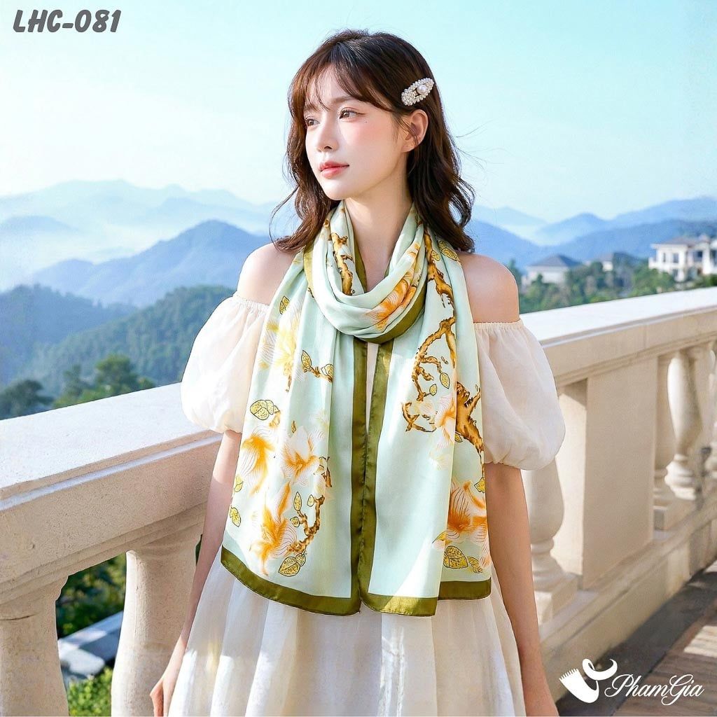 Khăn Choàng Lụa Hàng Châu Màu Xanh Mint Họa Tiết Hoa Mộc Lan Trang Nhã (LHC081)