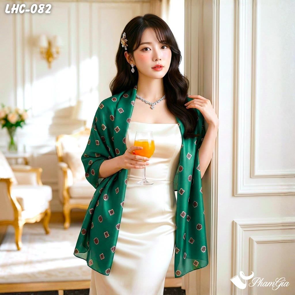 Khăn Choàng Lụa Hàng Châu Màu Xanh Cẩm Thạch Họa Tiết Hoa Nhí Cổ Điển (LHC082)