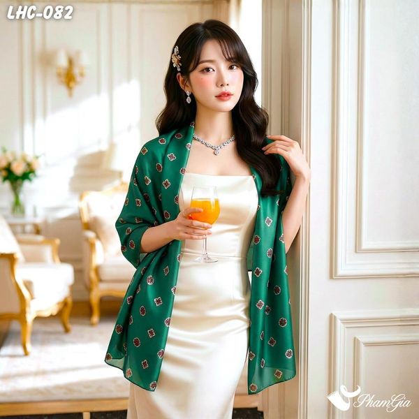 Khăn Choàng Lụa Hàng Châu Màu Xanh Cẩm Thạch Họa Tiết Hoa Nhí Cổ Điển (LHC082)