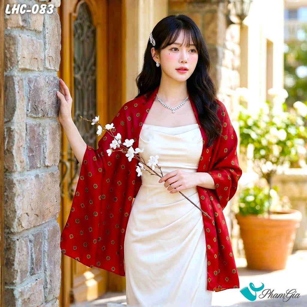 Khăn Choàng Lụa Hàng Châu Màu Đỏ Họa Tiết Hoa Nhí Cổ Điển (LHC083)