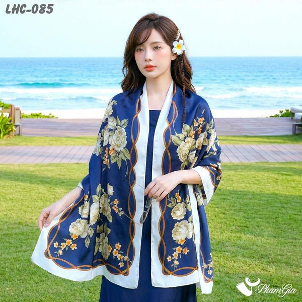 Khăn Choàng Lụa Hàng Châu Màu Xanh Navy Họa Tiết Hoa Hồng Quý Phái (LHC085)