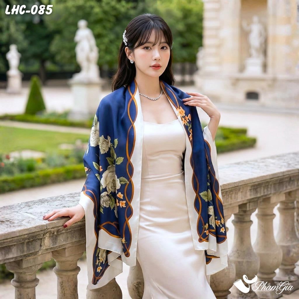 Khăn Choàng Lụa Hàng Châu Màu Xanh Navy Họa Tiết Hoa Hồng Quý Phái (LHC085)