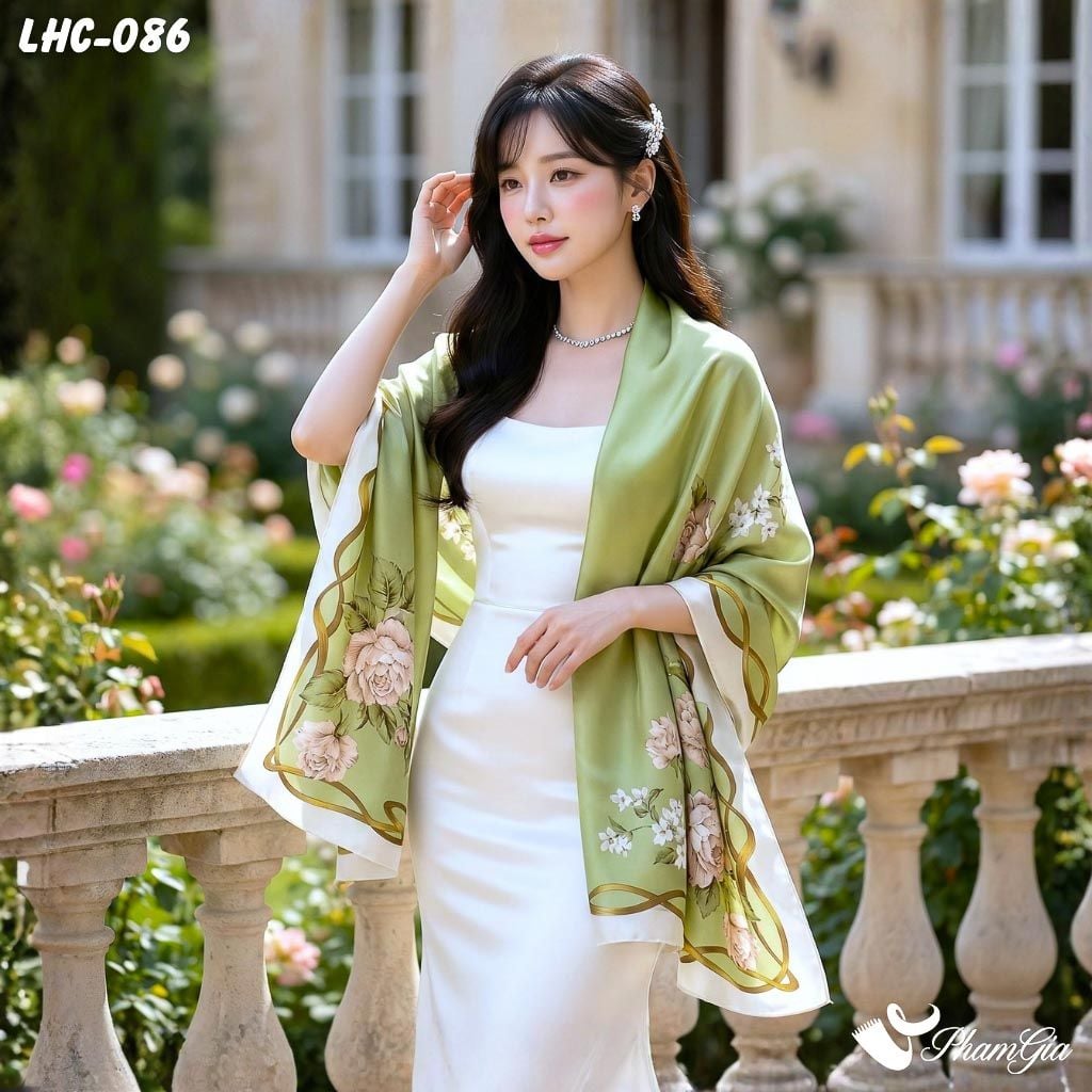 Khăn Choàng Lụa Hàng Châu Màu Xanh Rêu Họa Tiết Hoa Hồng Quý Phái (LHC086)