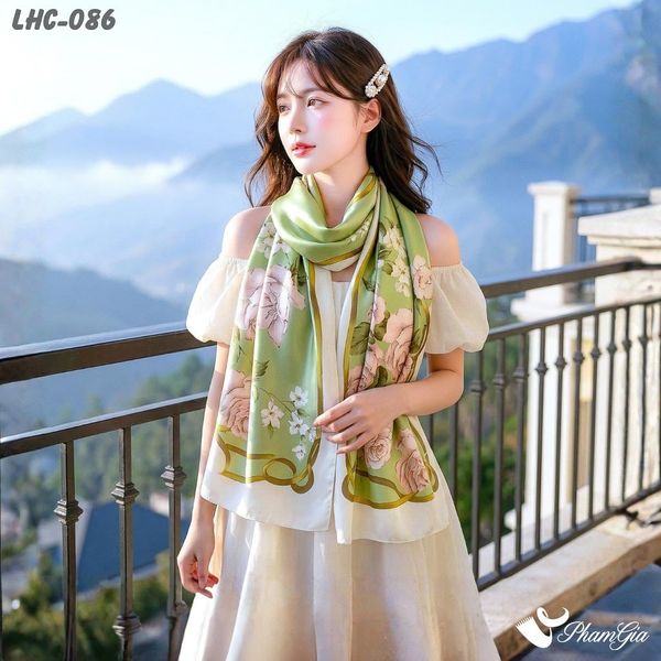 Khăn Choàng Lụa Hàng Châu Màu Xanh Rêu Họa Tiết Hoa Hồng Quý Phái (LHC086)